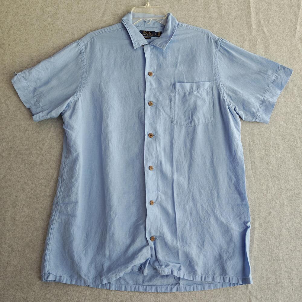Polo Ralph Lauren Shirt Mens L Blue Linen Lyocell Classic Fit Loop Collar